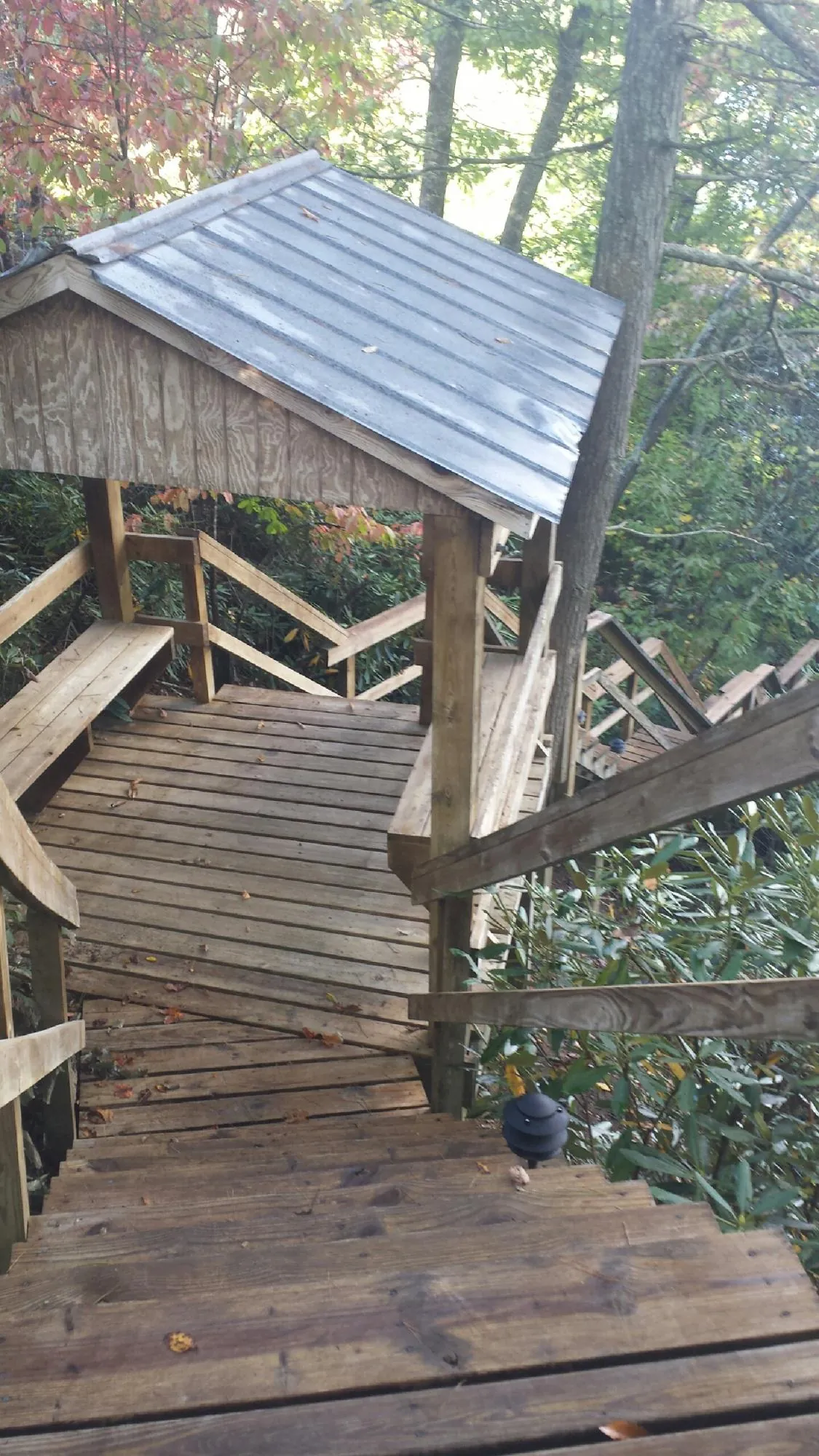 Metal roofed shelter over wooden steps on a wooded walkway — Skylight Repair & Installation work by our crew in Clatskanie